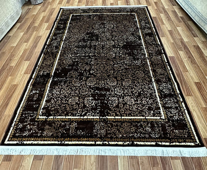 Elegant 7 ft x 10 ft Persian Silky Taymaz Area Rug - Dark Brown and White