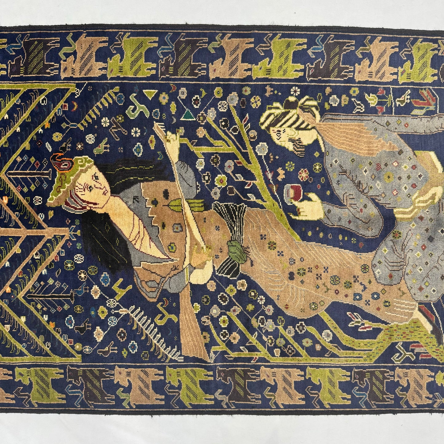 Stunning Afghan Handmade Shikargah Rug – 3.5 ft x 6.5 ft – Elegant Hunting Scene with Figures & Nature – Premium Wool, Traditional Afghan Craftsmanship