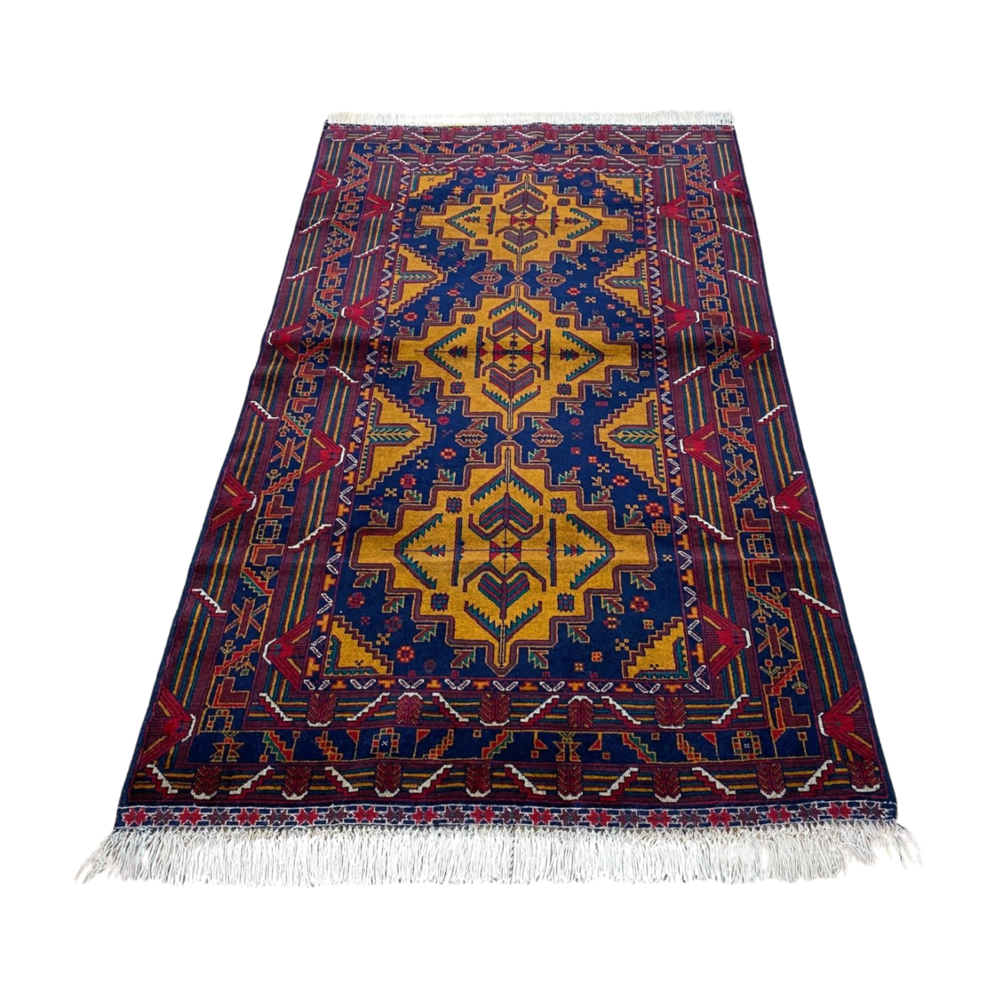 Authentic Baluchi 3 - 4 ft x 6 ft Handmade Wool Carpet - Red Wine and Gold - Timeless Beauty for Your Home