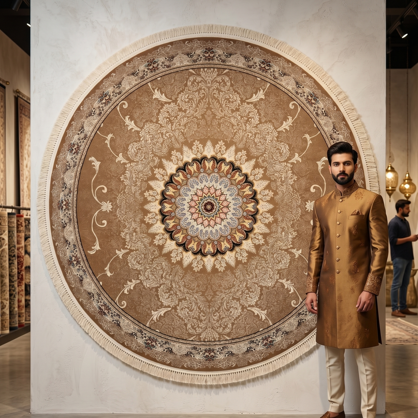 8.25 ft x 8.25 ft Round Persian Golden Acrylic Rug | 1000 Reed Floral Medallion, Iran