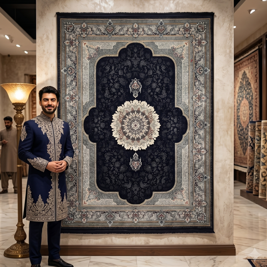 7 ft x 10 ft Black Persian 700 Reed Acrylic Rug, Nain Medallion Carpet
