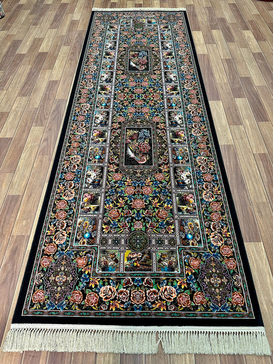 3 ft x 10 ft - Runner - Persian 1000 Reeds - Shahkar 4 - Black with Multi Colors