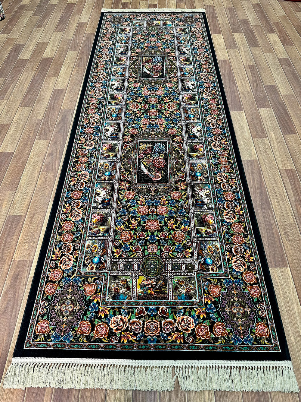3 ft x 10 ft - Runner - Persian 1000 Reeds - Shahkar 4 - Black with Multi Colors