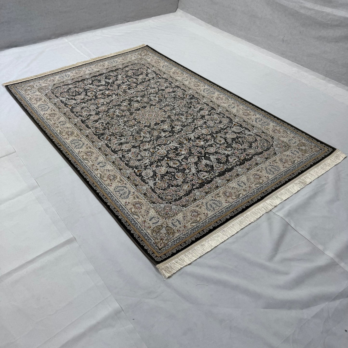 5ft x 8ft Persian Rug - Miniature - 1500 Reeds - Premium Silk - Luxurious Black & Ivory Design | Machine-Made Excellence