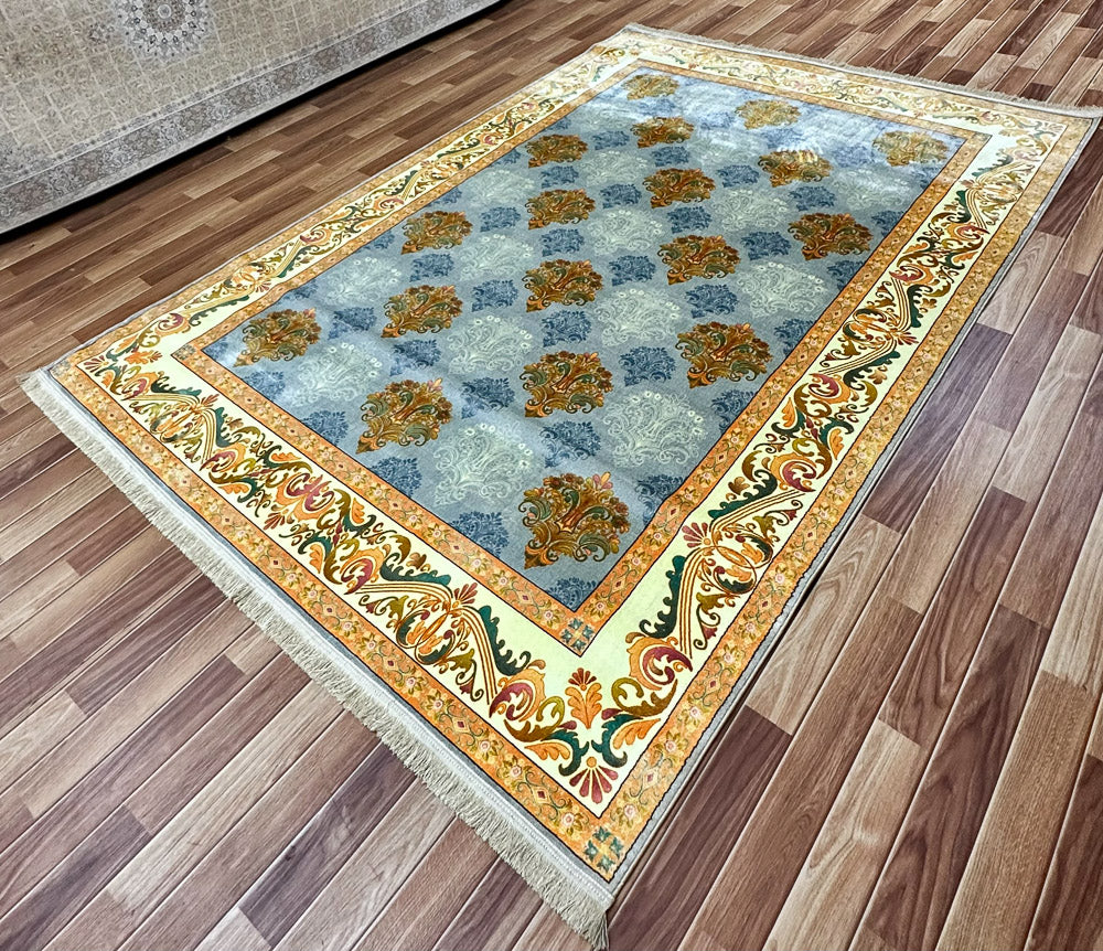 Elegant 7 ft x 10 ft Persian Silky Ronika Area Rug - Light Blue with Vibrant Multi-Color Motifs