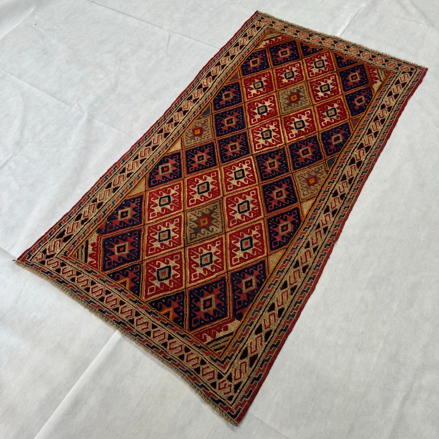 Handmade Afghan Wool Rug - 2.5ft x 5ft - Red and Blue Geometric Pattern