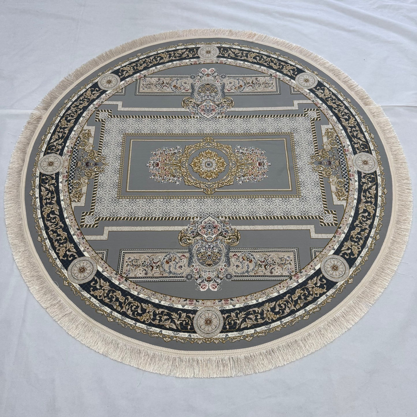 5 ft x 5 ft Persian Round Rug – Miniature by Pars Nagsh Kashan – 1500 Reeds – Elegant Grey and Gold Design