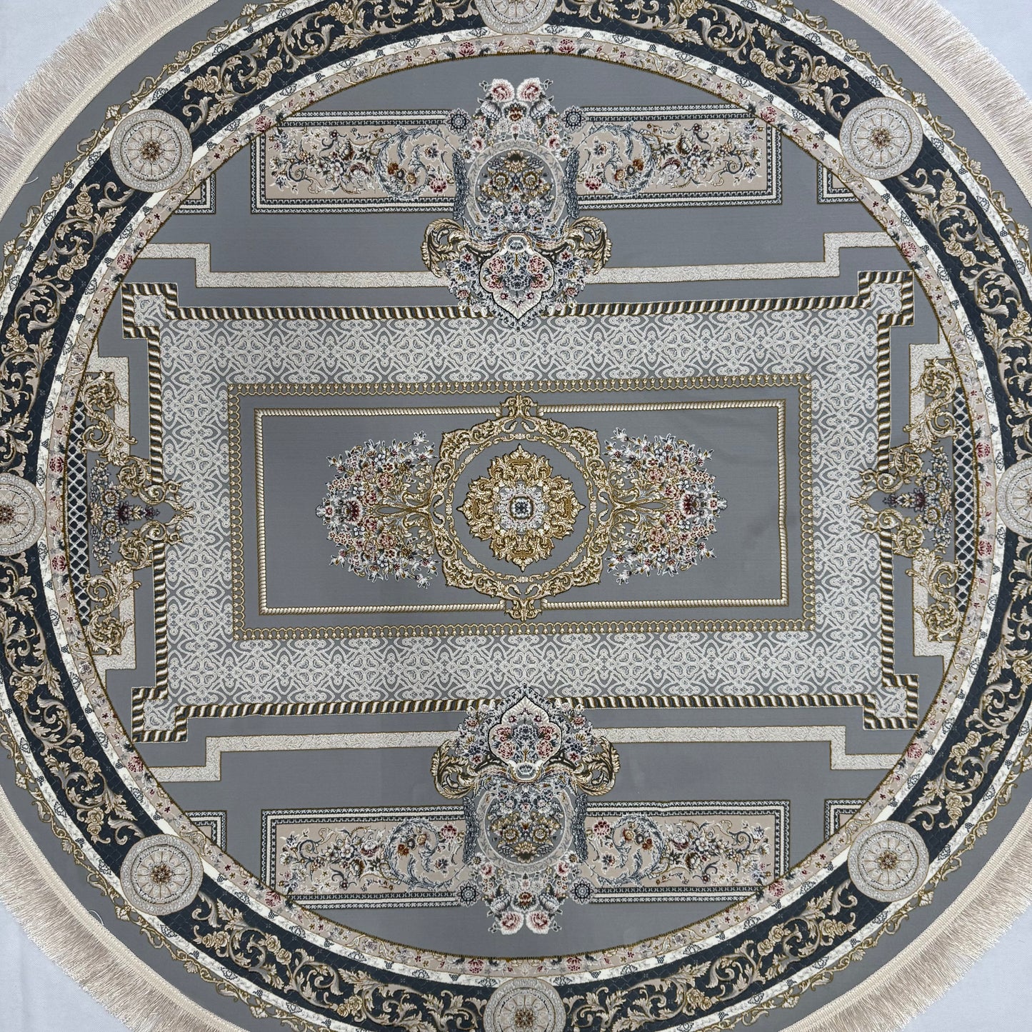 5 ft x 5 ft Persian Round Rug – Miniature by Pars Nagsh Kashan – 1500 Reeds – Elegant Grey and Gold Design