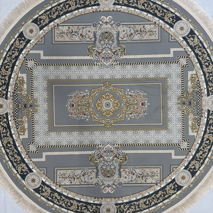 5 ft x 5 ft Persian Round Rug – Miniature by Pars Nagsh Kashan – 1500 Reeds – Elegant Grey and Gold Design