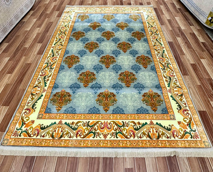 Elegant 7 ft x 10 ft Persian Silky Ronika Area Rug - Light Blue with Vibrant Multi-Color Motifs