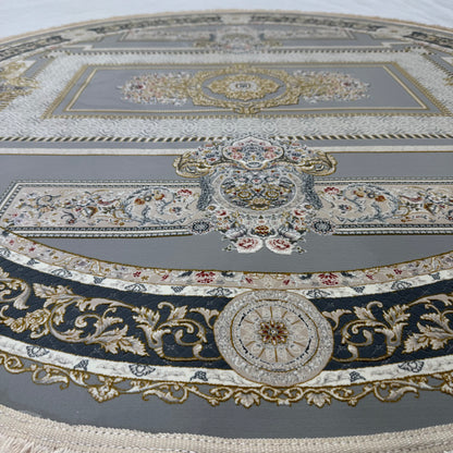 5 ft x 5 ft Persian Round Rug – Miniature by Pars Nagsh Kashan – 1500 Reeds – Elegant Grey and Gold Design