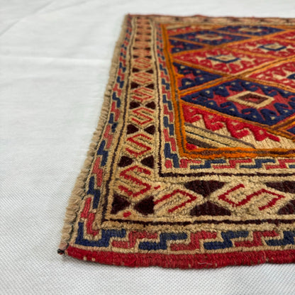 Handmade Afghan Wool Rug - 2.5ft x 5ft - Red and Blue Geometric Pattern