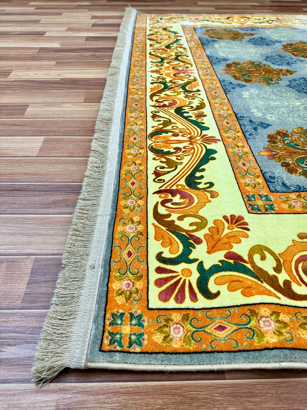 Elegant 7 ft x 10 ft Persian Silky Ronika Area Rug - Light Blue with Vibrant Multi-Color Motifs