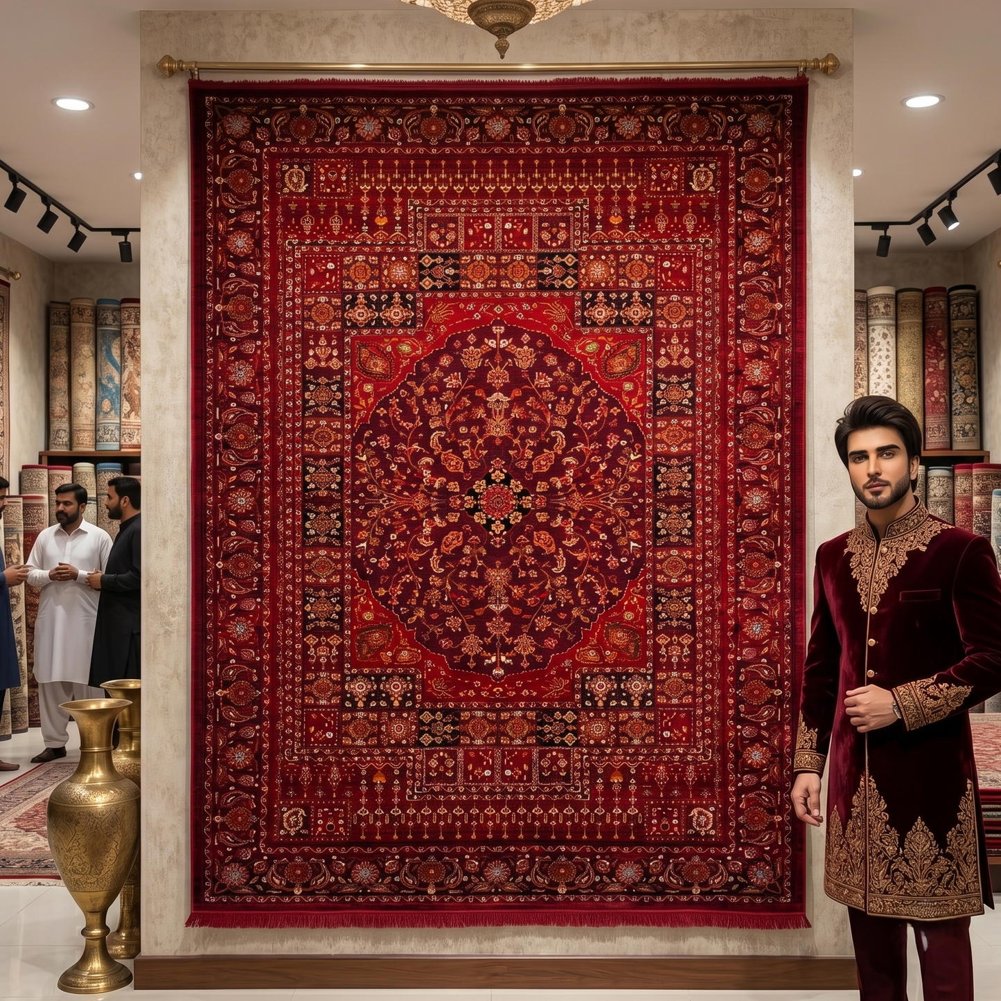 7 ft x 10 ft Red Persian 700 Reed Acrylic Rug, Kashan Medallion Carpet