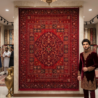 7 ft x 10 ft Red Persian 700 Reed Acrylic Rug, Kashan Medallion Carpet