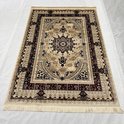 Turkish Rug - Golden Mirage Collection - Beige & Maroon Medallion Elegance