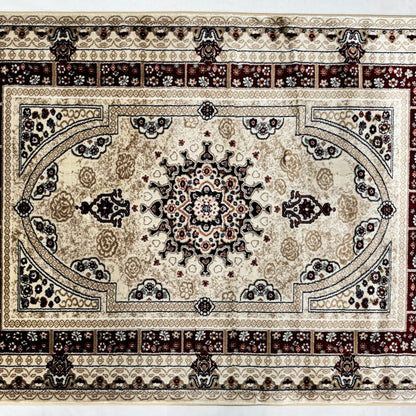 Turkish Rug - Golden Mirage Collection - Beige & Maroon Medallion Elegance