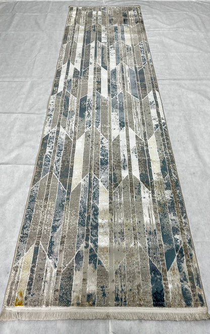 Modern 2.5 ft x 10 ft Persian Silky Runner - Silky III 5 - Grey and Jade