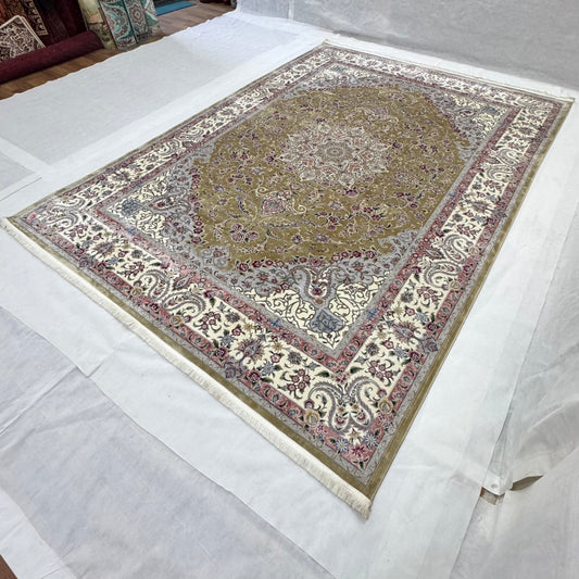 8 ft x 11 ft Persian Rug | Beheshti Tabriz 1200 Reeds | Luxury Silk & Cotton Floral Olive Green