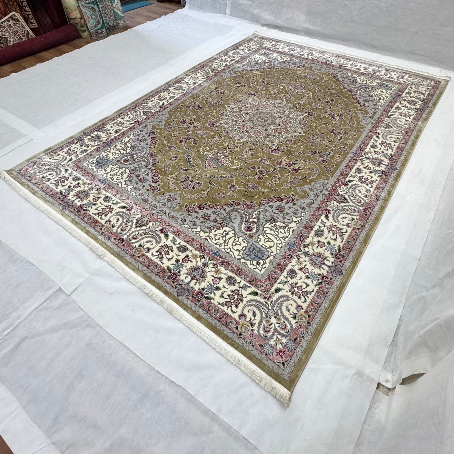 8 ft x 11 ft Persian Rug | Beheshti Tabriz 1200 Reeds | Luxury Silk & Cotton Floral Olive Green