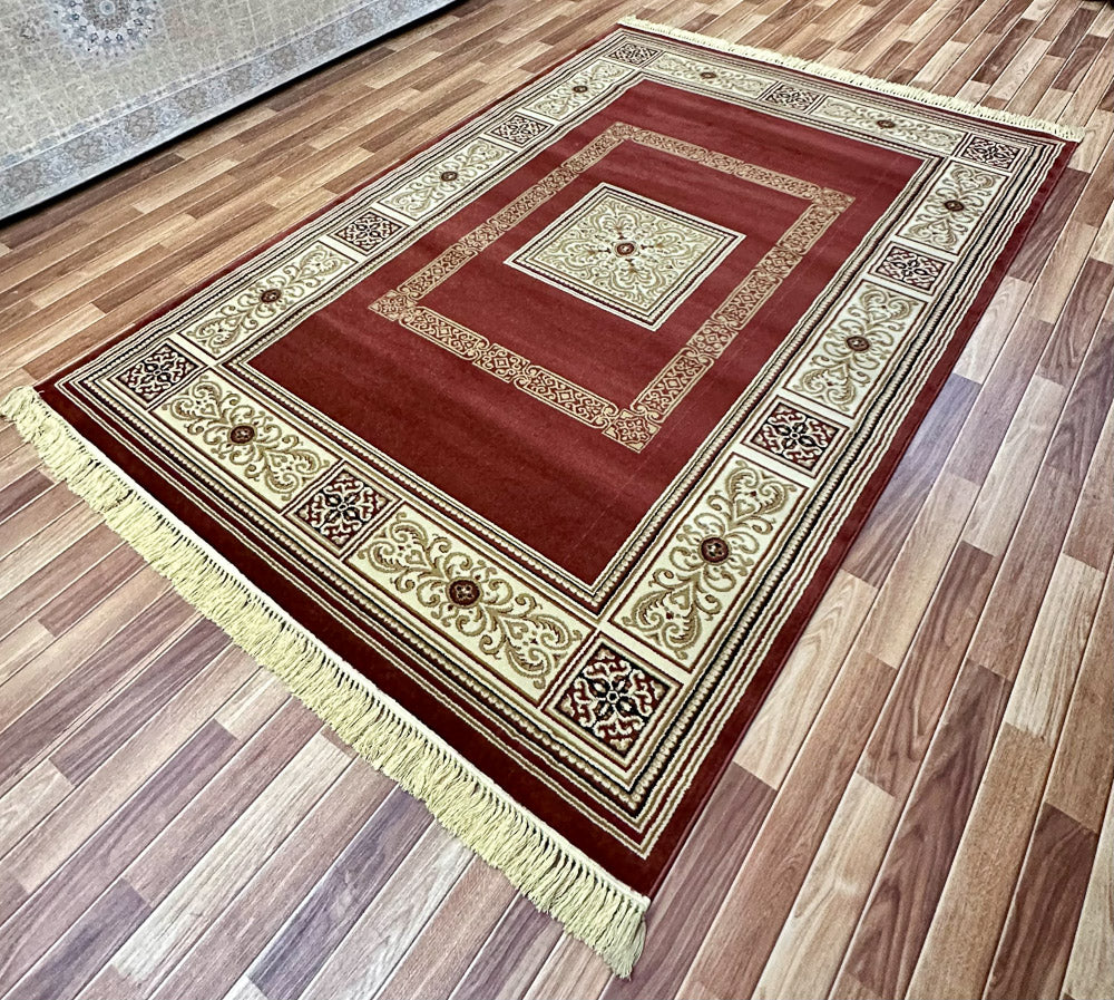 Luxurious 7 ft x 10 ft Venus Turkish VK Emir Area Rug - Rich Red Wine and Beige Elegance