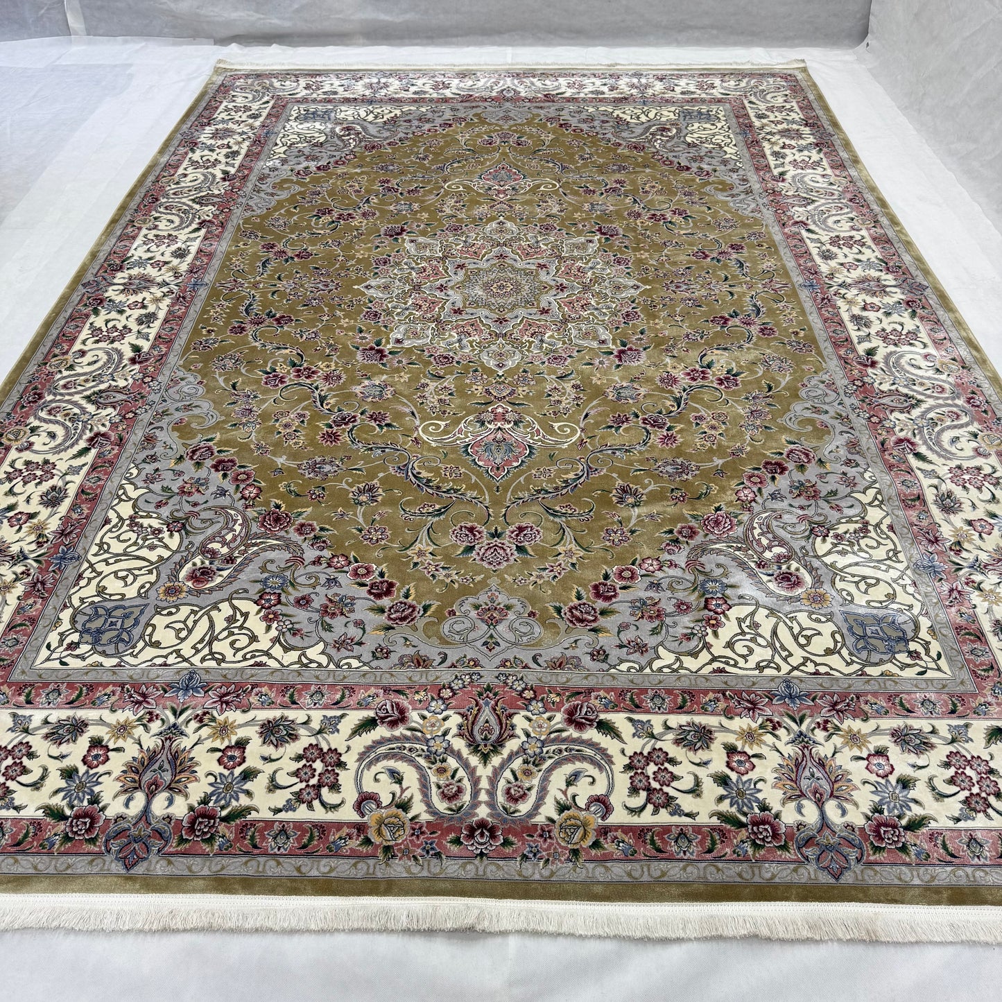 8 ft x 11 ft Persian Rug | Beheshti Tabriz 1200 Reeds | Luxury Silk & Cotton Floral Olive Green