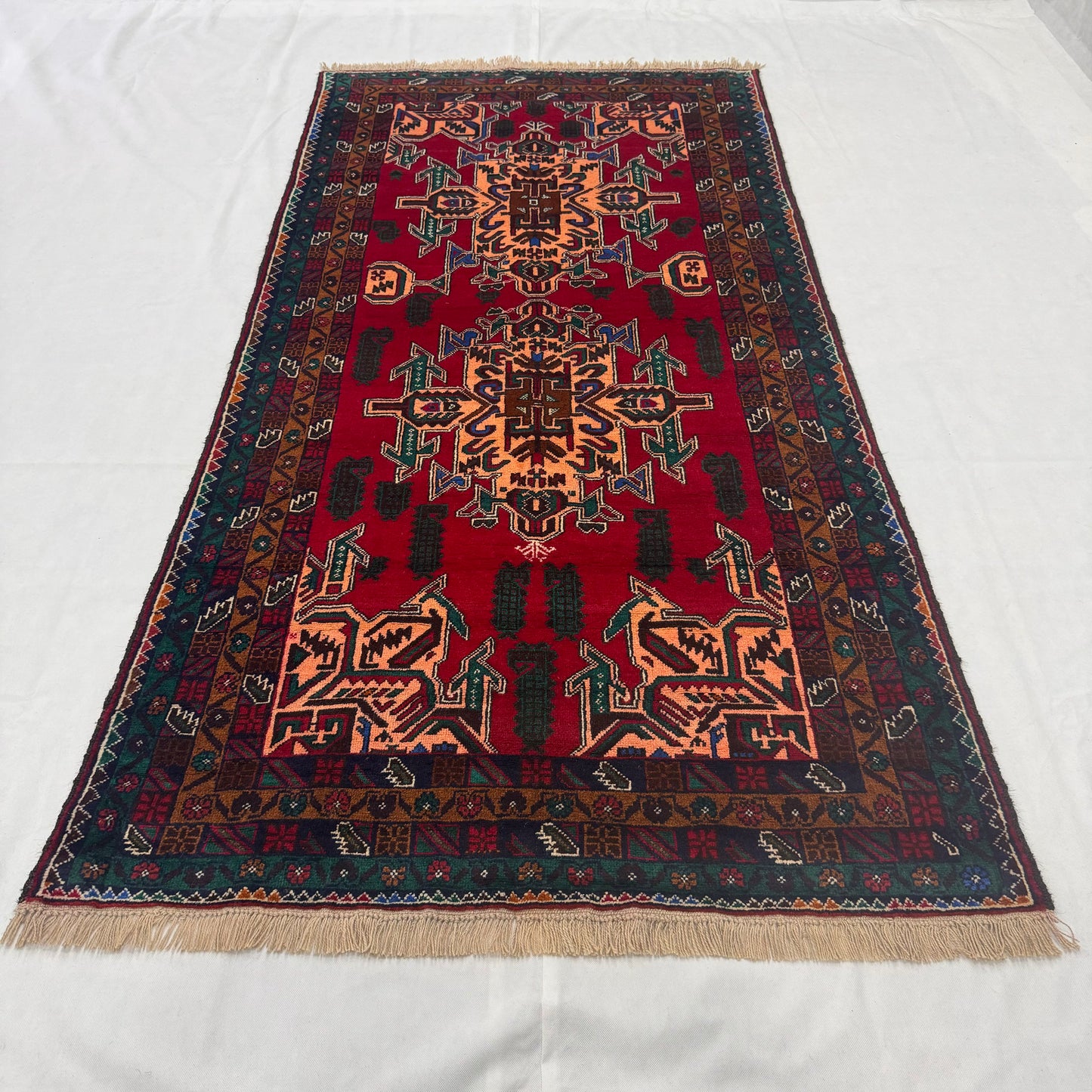 Handmade Afghan Wool Rug - 4 ft x 8 ft | Baluchi Aqsi Design | Bold, Durable, Eco-Friendly Luxury