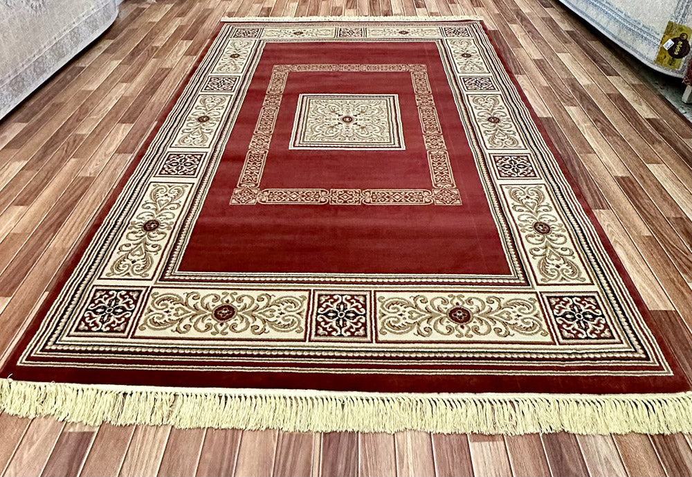 Luxurious 7 ft x 10 ft Venus Turkish VK Emir Area Rug - Rich Red Wine and Beige Elegance