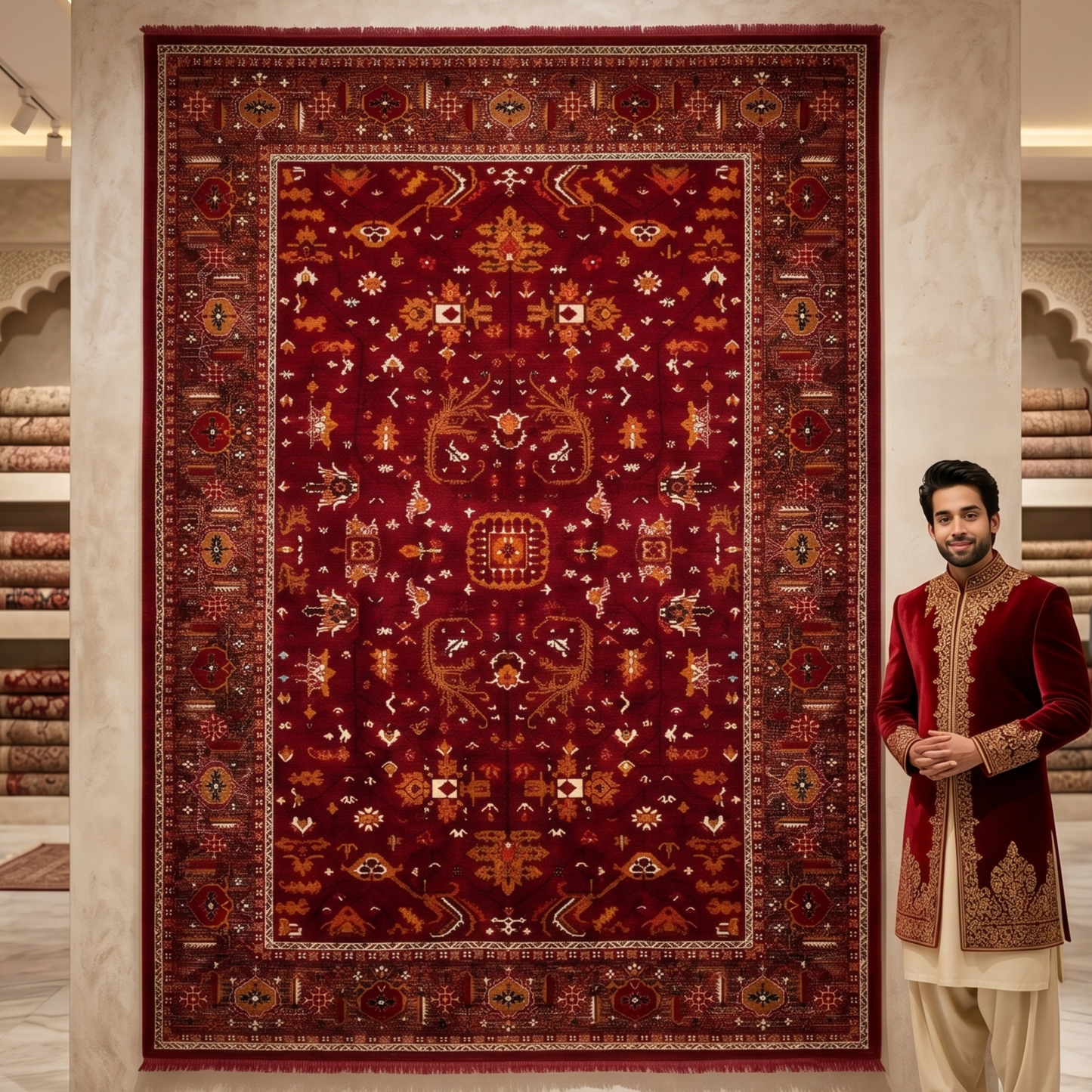 7 ft x 10 ft Red Persian 700 Reed Acrylic Rug, Heriz Geometric Carpet