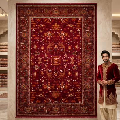 7 ft x 10 ft Red Persian 700 Reed Acrylic Rug, Heriz Geometric Carpet