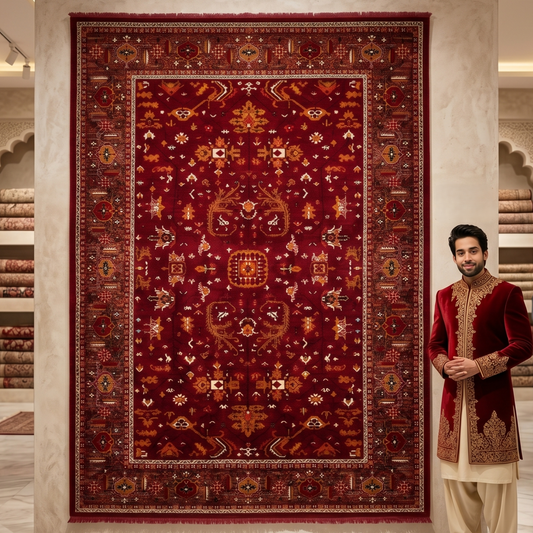 7 ft x 10 ft Red Persian 700 Reed Acrylic Rug, Heriz Geometric Carpet