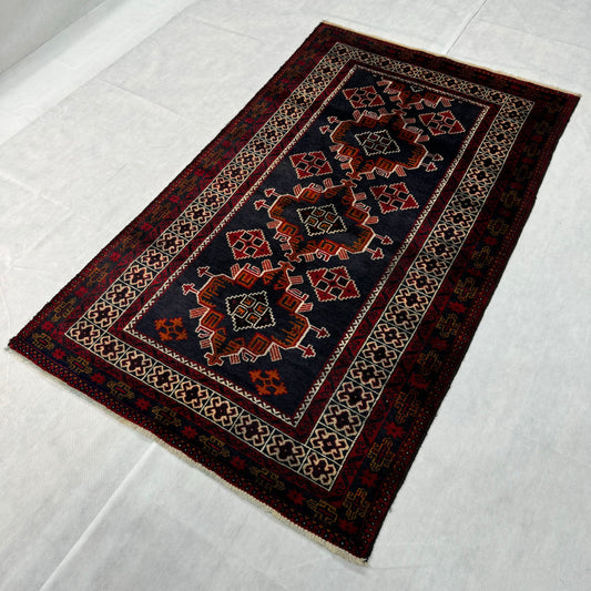 Handmade Baluchi Rug 4 ft x 6 ft - Red and Black Geometric Design