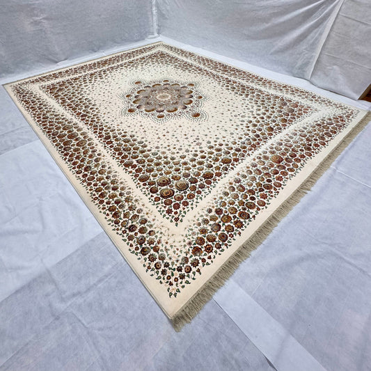 10 ft x 13 ft - Persian Solomon Silk Rug - 1500 Reeds Premium - Floral Cream Elegance