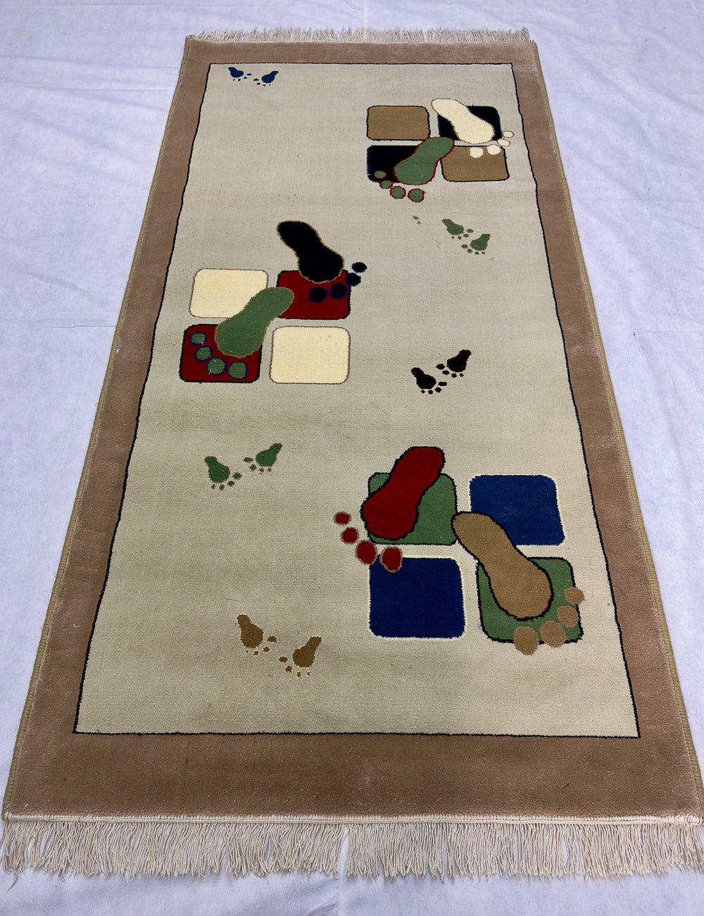 Whimsical Coffee and Beige Persian 500 Area Rug - 3 ft x 6.5 ft - Farsh Aryan 6 with Colorful Footprint Design