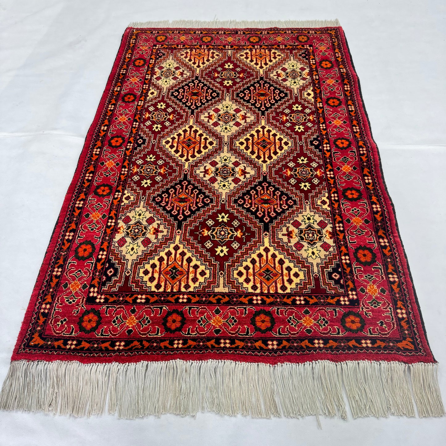 3 ft x 5 ft - Afghan Wool Handmade Rug - Tribal Candlestick Design - Red, Yellow & Black