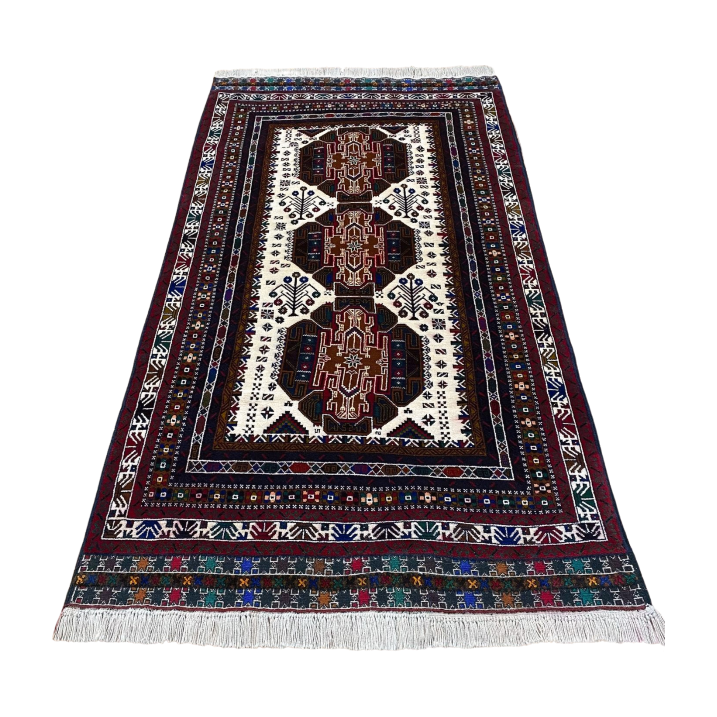 Authentic Baluchi 6 - 4 ft x 6 ft Handmade Wool Carpet - Red Wine and Beige - Timeless Beauty for Your Home