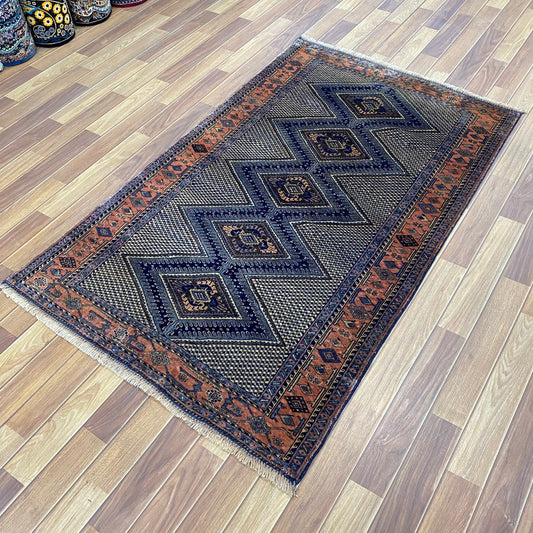 Afghan Kazak 1 - 4 ft x 6 ft Handmade Wool Carpet - Dark Blue - Bespoken Elegance and Artistic Rug