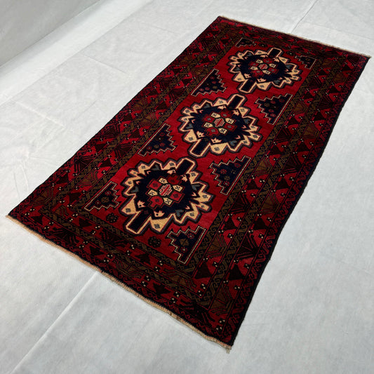 Handmade Baluchi Rug 4ft x 6ft - Red and Navy Blue Tribal Design, Wool Carpet