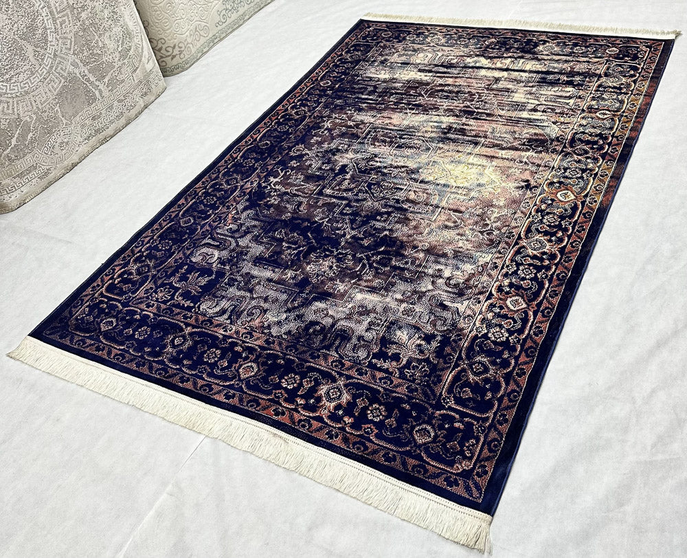 Luxurious Dark Blue Silky Area Rug - 5 ft x 8 ft - Persian Taymaz Collection