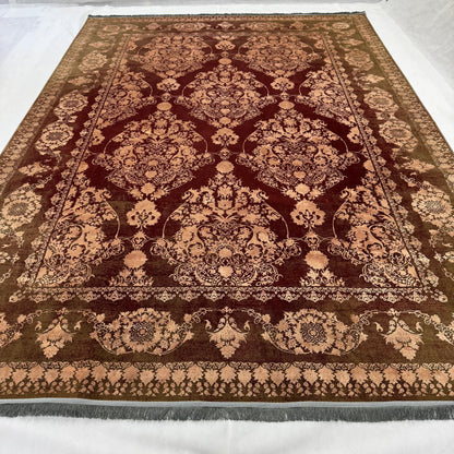 Elegant Persian Rug 8 ft x 11 ft | Beheshti Tabriz 1200 Reeds | Silk & Cotton in Regal Burgundy