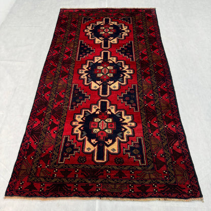 Handmade Baluchi Rug 4ft x 6ft - Red and Navy Blue Tribal Design, Wool Carpet