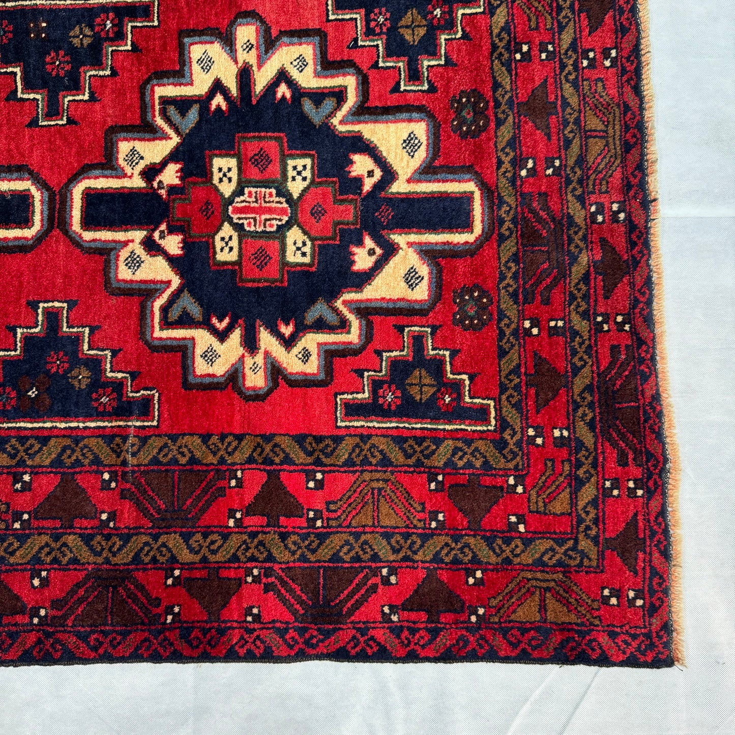 Handmade Baluchi Rug 4ft x 6ft - Red and Navy Blue Tribal Design, Wool Carpet