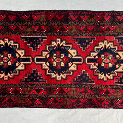 Handmade Baluchi Rug 4ft x 6ft - Red and Navy Blue Tribal Design, Wool Carpet