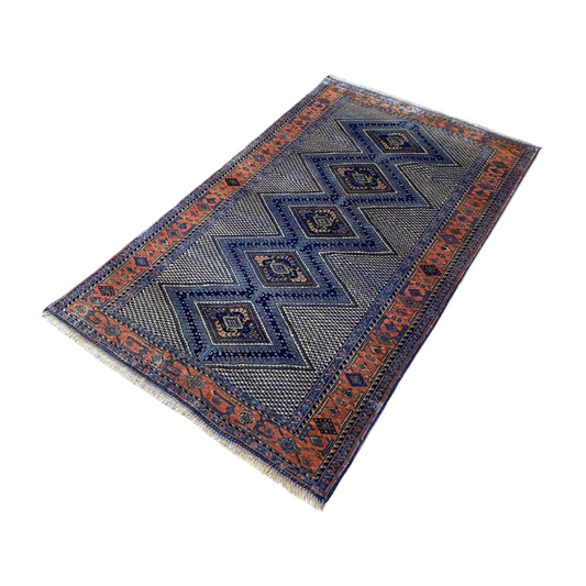 Afghan Kazak 1 - 4 ft x 6 ft - Handmade Carpet - D. Blue -  Bespoken Elegance and Artistic Rug