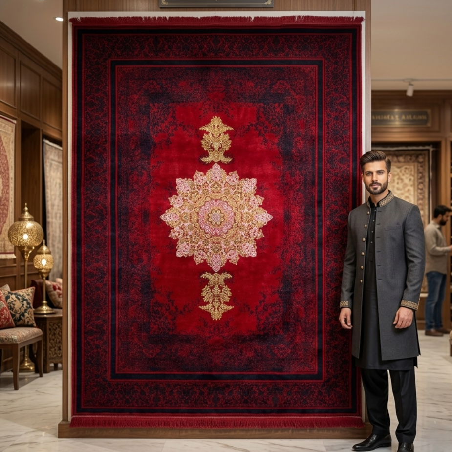 7 ft x 10 ft Red Persian 700 Reed Acrylic Rug, Vintage Medallion Carpet
