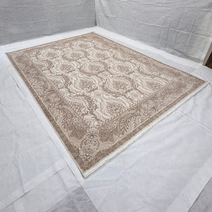 Persian Silk Rug 8 ft x 11 ft | Beheshti Tabriz 1200 Reeds | Cream & Taupe Elegance