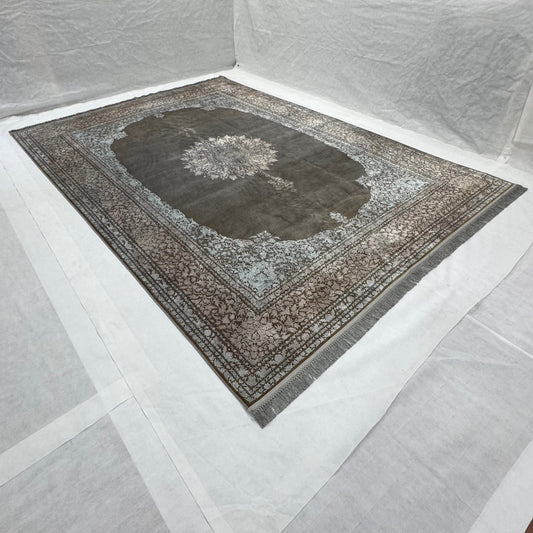 Luxury Persian Rug 8 ft x 11 ft | Beheshti Tabriz 1200 Reeds | Silk & Cotton, Charcoal Elegance