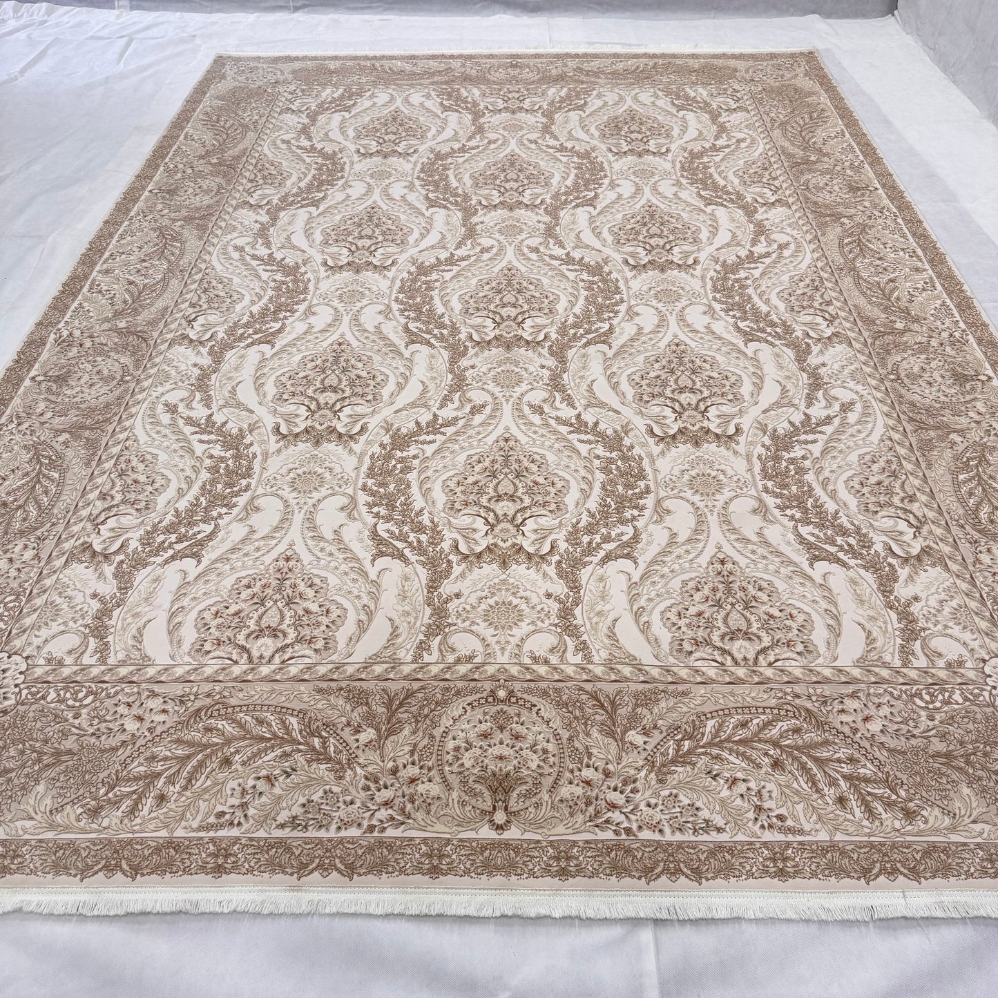 Persian Silk Rug 8 ft x 11 ft | Beheshti Tabriz 1200 Reeds | Cream & Taupe Elegance