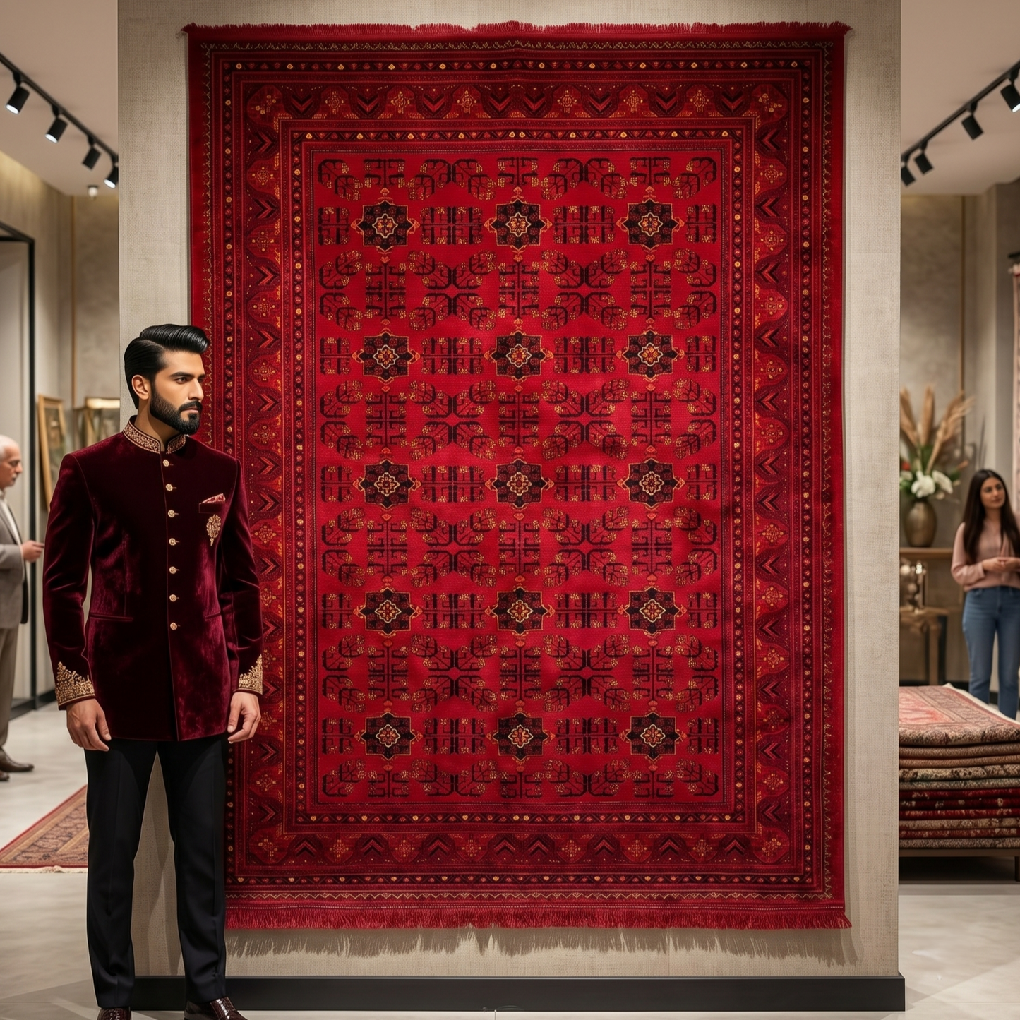 7 ft x 10 ft Red Persian 700 Reed Acrylic Rug, Tribal Geometric Carpet