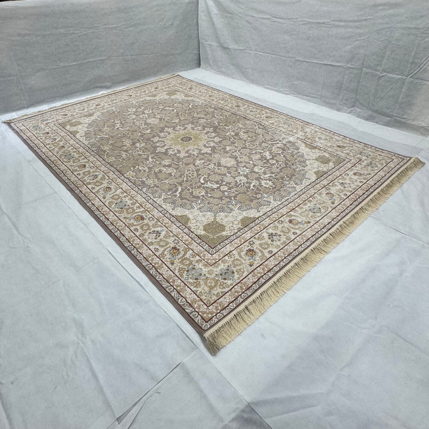 Persian Silk Rug 8 ft x 11 ft | Beheshti Tabriz 1200 Reeds | Cream & Gold Medallion Design